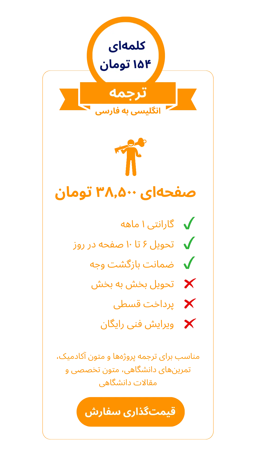 جدول تعرفه ترجمه انگلیسی به فارسی